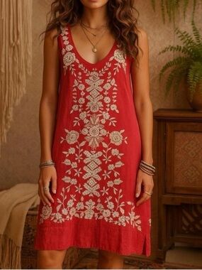 Johnny Was JWLA Linen Aoko Embroidered Tunic Mini Dress Red Medium $230